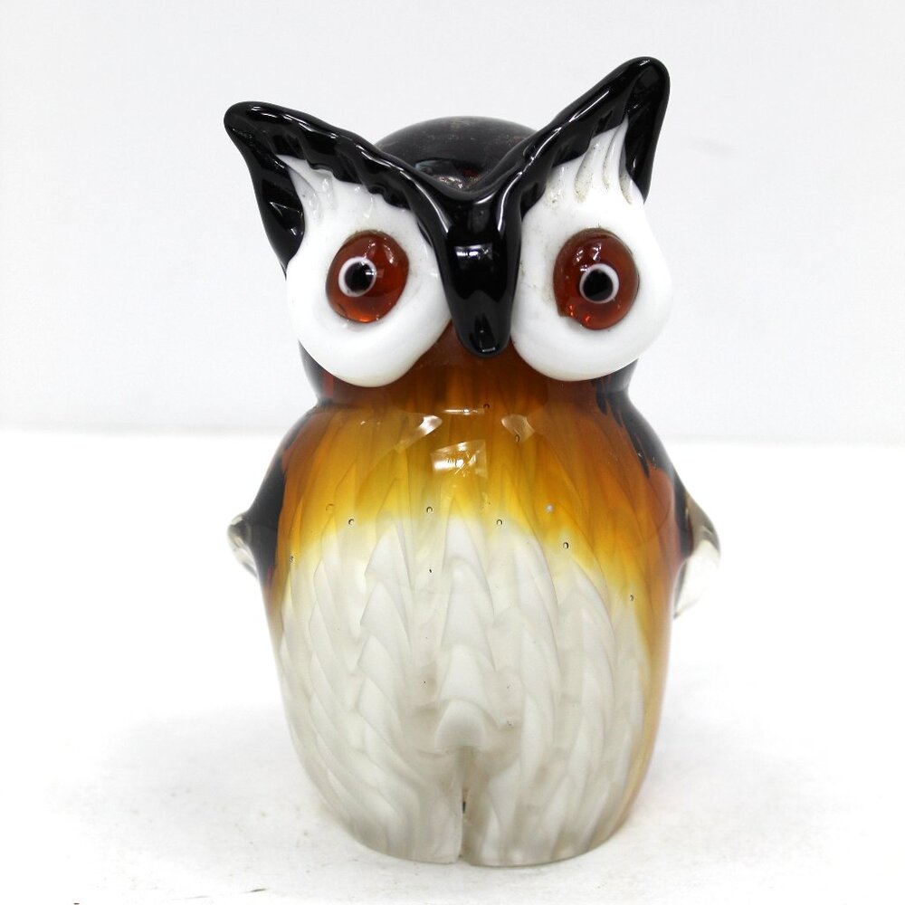 OWL MURANO STYLE BLACK WHITE GLASS HEAVY PAPERWEIGHT FIGURINE 6" TALL ART GLASS